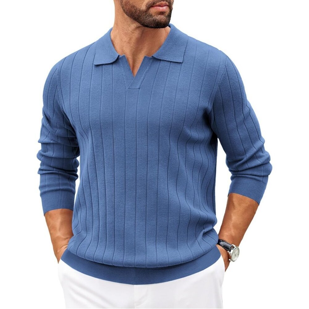 Coofandy Men Denim Blue Polo Long Sleeve V Neck Lightweight Pullover Sweater